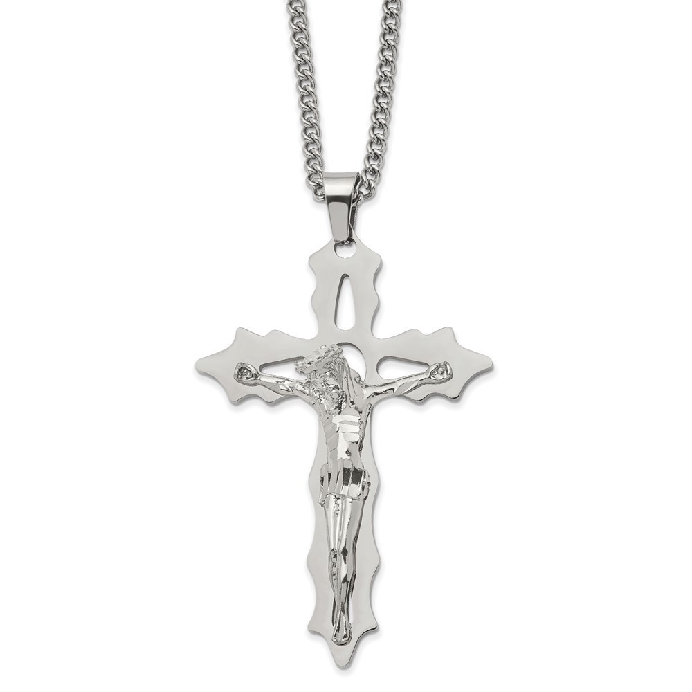 Chisel Stainless Steel Cutout Crucifix Pendant on a 24 inch Curb Chain Necklace